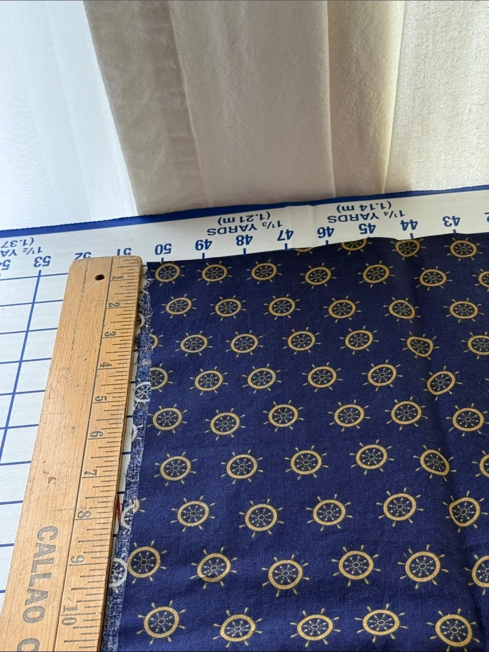 Vintage Joan Pace Baker Nautical Prints Cotton Fabric Ship Wheel Navy Gold